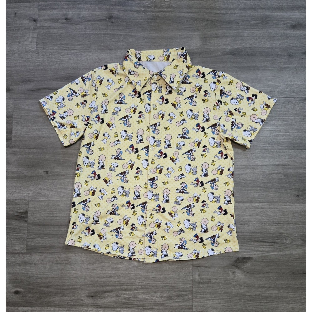 Snoopy Peanuts All Over Print Yellow Short Sleeve Button Up Polo Shirt Mens XL